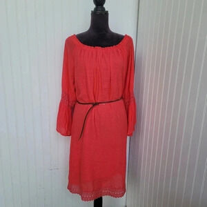 Speed Control ¾ Bell Sleeve Crotchet Detail Coral Pink Casual Dress Plus Size 1X